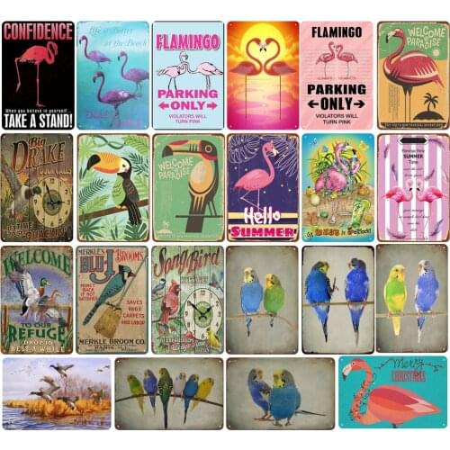 Wall Art Vintage Metal Plate Flamingo Party Summer Parrot Duck Bird Animal for Farmhouse Decor Bar Retro Decoration Tin Sign