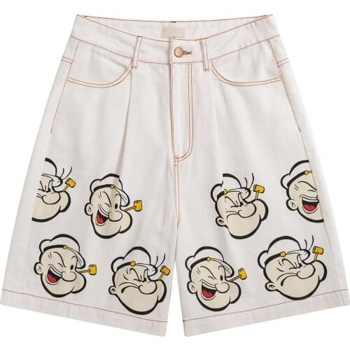 Womens Denim Shorts Classic Vintage High Waist Wide Leg White Jeans Shorts Cartoon Print Ladies Preppy Style