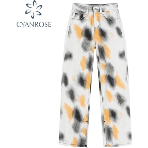 Tie Dyed Print Jeans Women Split High Waist Harajuku Y2k Long Trouser 2021 Autumn Vintage Streetwear Hip Hop Wide Leg Pants Girl