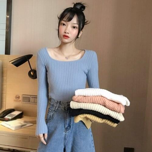 Women Square Collar Solid Color Sweaters Spring Autumn Fashion Casual Long Sleeve Knitted Bottoming Tops