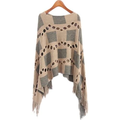 Autumn Women V Neck Batwing Plaid Fringed Stitching Irregular Tops Poncho Shawl Cape Hollow Sweater Blusas Femininas Clothes