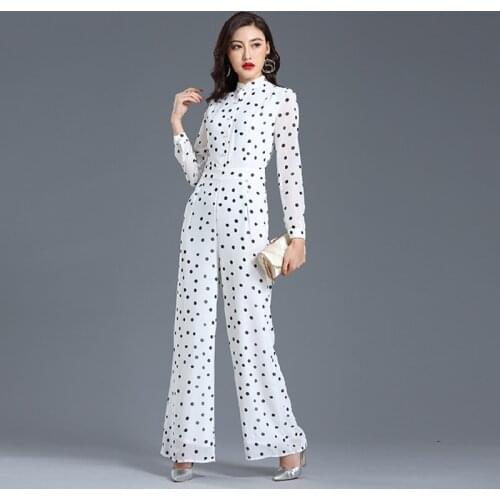 Jumpsuit for Women 2020 Autumn Party Long Sleeve Dot Chiffon High Street Elegant Full Length Wide Leg Rompers Plus Size 3XL 4XL