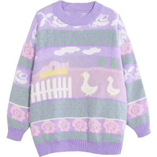 2021 Winter Thick Warm Harajuku Jacquard Sweater Cartoon Duck Embroidery Knitted Jumper Sweaters Women Sweet Purple Pullovers