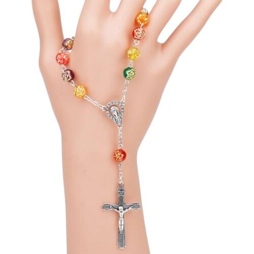 2PC Colorful 8mm Crystal Rose Beads Catholic Rosary Bracelets Cross Pendant Religious Bracelet Jewelry For Women Gi
