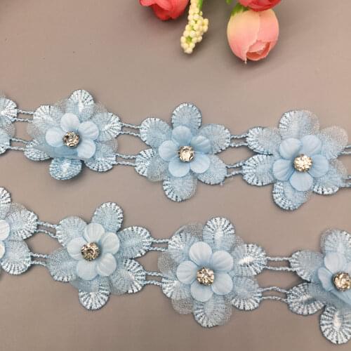 20pcs Blue Rhinestones 3D Rose Flower Chiffon Embroidered Lace Trim Ribbon Fabric Sewing Craft Patchwork Handmade Decoration
