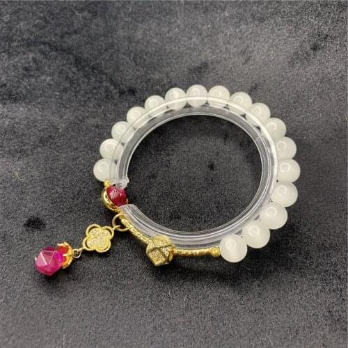 Women Fashion 8mm White Opal Stone Bracelet Stretch Cord Elastic Colorful Cat Eyes Stone Pendant Chain Rope Jewelry 7.8inch Y895