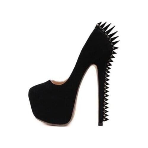 Punk Style Black Suede Super High Platform Pumps Women Shoes Gold Spikes Heels Chunky Heel Shoes Shoes High Heels Plus Size 10