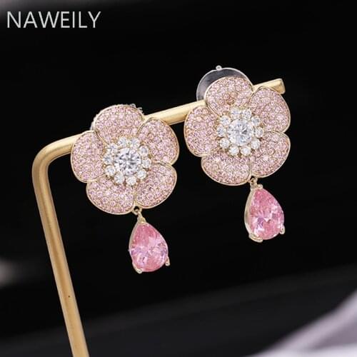 French Elegant Micro-inlaid AAA Zircon Earring For Women Rose Flower Pink Crystal Earrings Female Jewelry Accessories Pendant