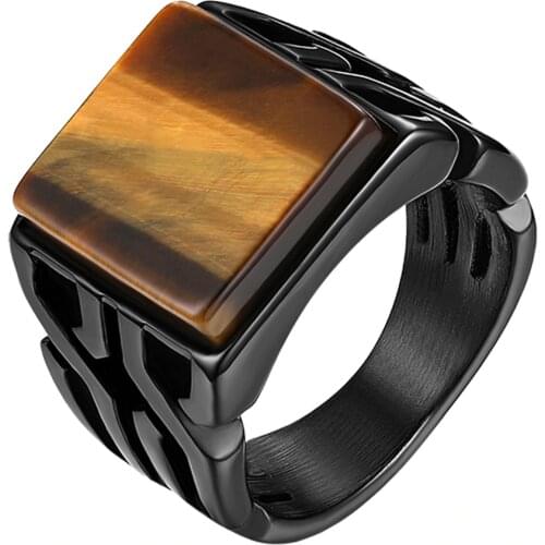 BONISKISS Vintage Mens Ring Tiger Eye Stone Punk Classic Black Color Ring Male Stainless Steel Ring Bijoux Aneis Jewelry Gift