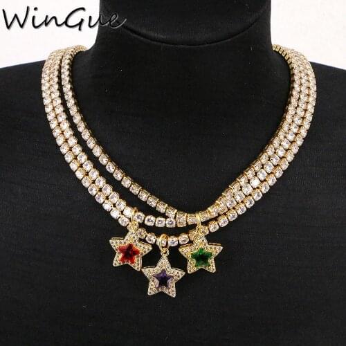 Statement Gold Color Crystal Zircon Cute Star Chain Choker Necklace For Women Pendant Tennis Chain Necklace Wedding Jewelry