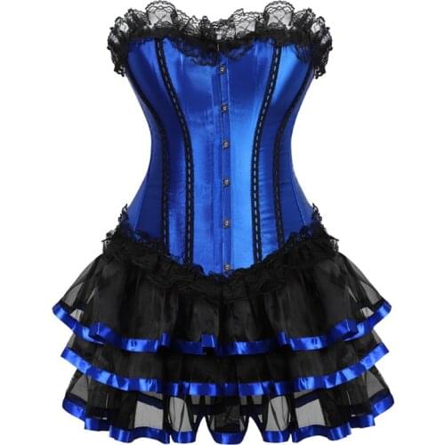 Fashion Sexy Vintage Women Blue Overbust Corset Dress Lingerie Bustier Skirt Set Plus Size S-6XL