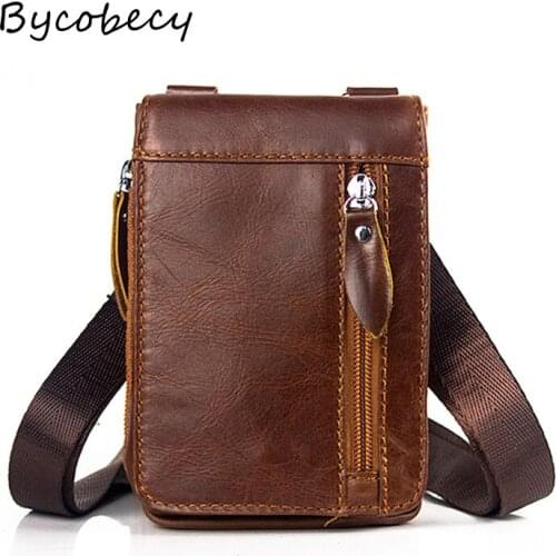 Bycobecy Men Genuine Leather Crossbody Bags Brand Vintage Waist Bag Mobile Phone Bag Men Belt Waist Bag Travel Bag bag for men
