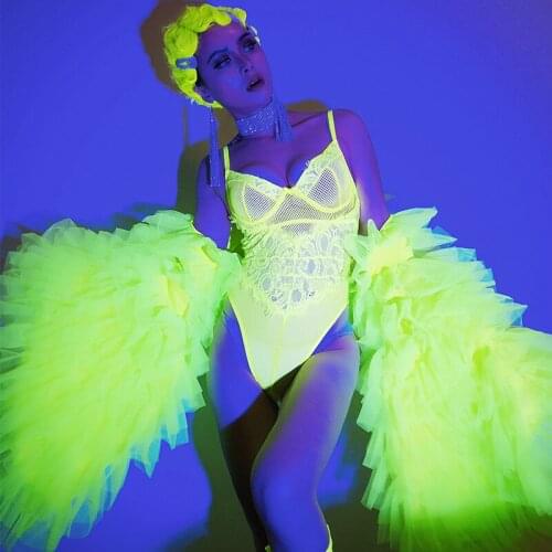New Stage Costume Sexy Catwalk Fluorescent Green See-Through Lace Bodysuit Sleeve Shawl Pole Dance Performance Clothing DT2959