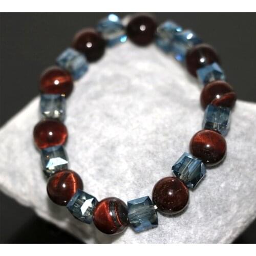 Wholesale price natural red tiger eyes stone bracelets 10mm round beads 8mm square crystal gifts diy jewelry 7.5inch B2963