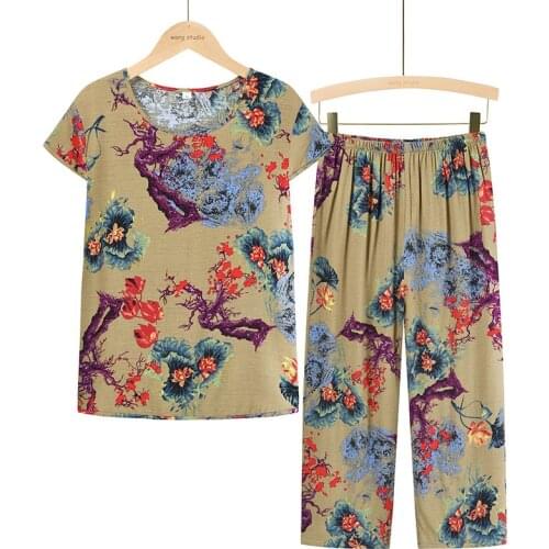 Female Lounge Loose Nightwear Short-Sleeved Colorful Casual Pajama Style Suit Flower Print Round Neck Set Of Two Fashion Pieces