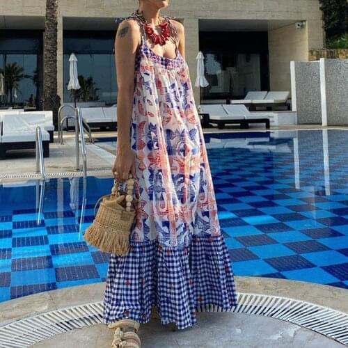 Holiday Boho Long Maxi Dress Women Summer 2021 Sexy Sleeveless Backless Strap Sundress Plaid Print Ruffled Dresses Beach Wear