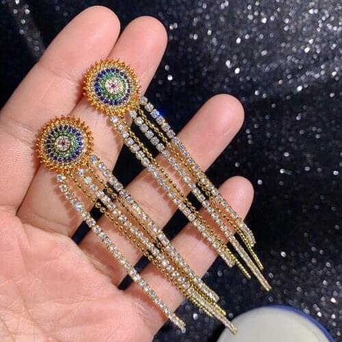 S925 Sterling Silver Needle New Luxury Fancy Cubic Zirconia Sun Flower Stud Earrings With Chain Tassel Gold Earrings For Women