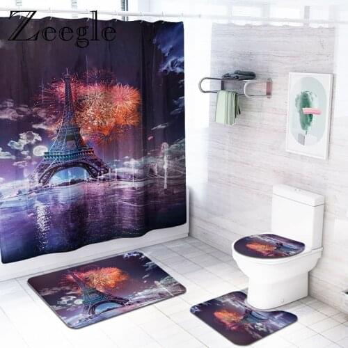 Zeegle Printed Tower Bath Mat Set Waterproof Toilet Curtain Polyester Rug for bathroom Non-slip Bathroom Carpet Bathroom Rug Set