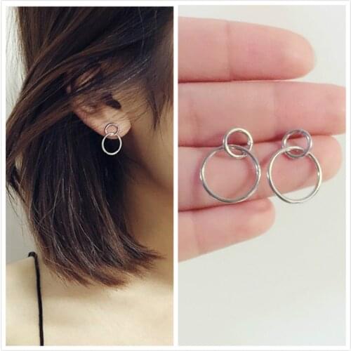 925 Sterling Silver Double Round Stud Earrings For Women Party Wedding Jewelry Pendientes eh470