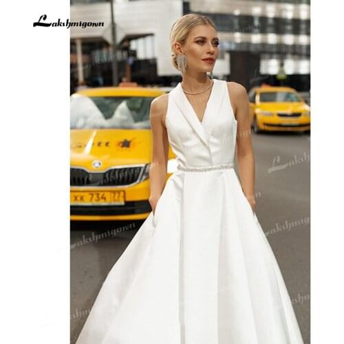 Elegant Soft Satin A-Line Wedding Dresses V-Neck Sleeveless Beading Sashes Sweep/Brush Train Bride Gowns Off The Shoulder Simple