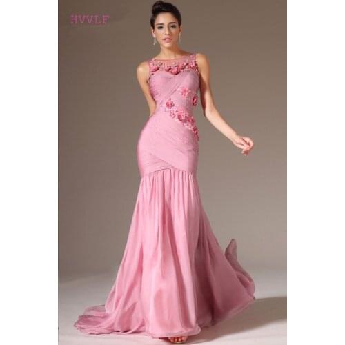 Pink Evening Dresses Mermaid Floor Length Chiffon Flowers Beaded Plus Size Long Evening Gown Prom Dresses Robe De Soiree