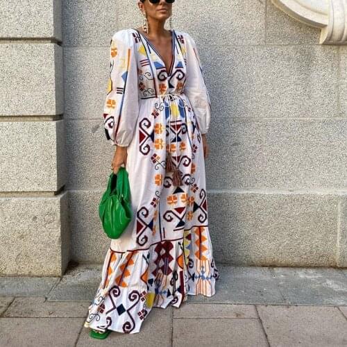 Summer Vintage Printed Ruffle Party Maxi Dress Women Elegant Sexy V Neck Lace-Up Tassel Long Dress Spring Lantern Sleeve Dres