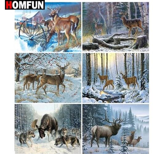 HOMFUN DIY Diamond Painting "animal Deer Snow Scene" Full Drill Square Round Diamond Embroidery 5D Cross Stitch Decoration Home