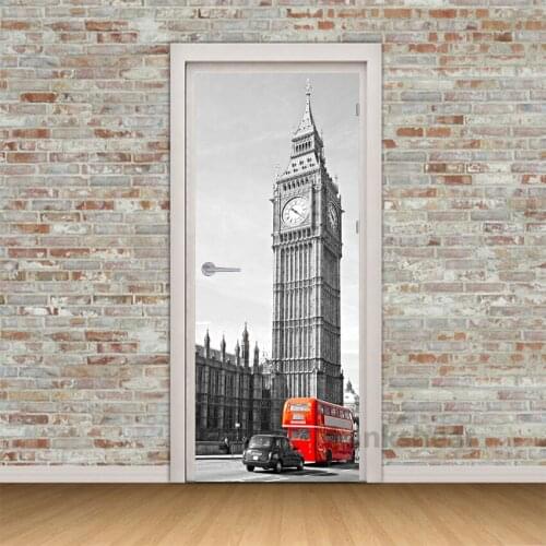 Big Ben London Red Bus 3D Door Stickers PVC Waterproof Wallpaper Self Adhesive Hd Print Mural Picture Art Room Decor Home Design