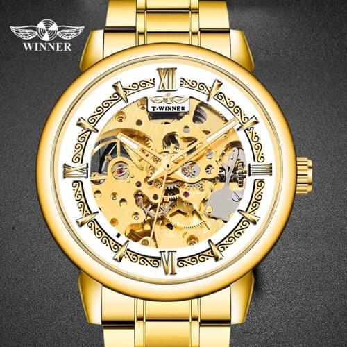 WINNER Retro Skeleton Clocks Mechanical Watches Stainless Steel Strap Fashion Casual Wristwatch Male Clock Relogio Masculino