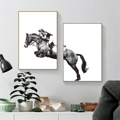 Black White Riding Horse Man Horserace Poster Canvas Print Painting Wall Art Living Room Home Decoration