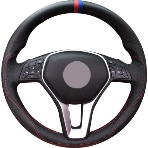 Black Leather Red Blue Marker Car Steering Wheel Cover for Mercedes-Benz A-Class 2013-2015 B-Class 2011-2014 CLA-Class 2013 2014