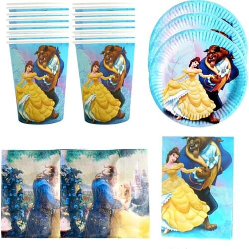 Beauty And The Beast Theme Kids Boys Favors Plates Cups Glass Dishes Baby Shower Tablecloth Napkins Tableware Set 61pcs/lot