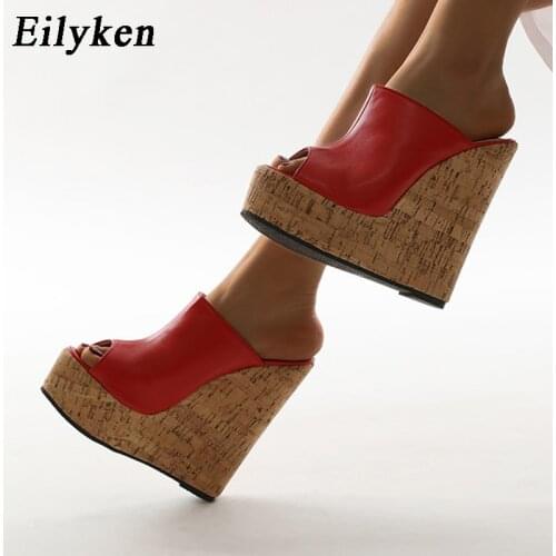 Eilyken Newest Fashion Peep Toe Platform Wedge Slippers High Quality Red PU Leather Sandals Women Summer Party Dress Shoes