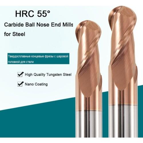 2 Flute Cutting HRC55 1mm 2mm 3mm 4mm 6mm Milling Machining Tungsten Steel Carbide Milling Cutter Ball Nose End Mill R0.5- R10