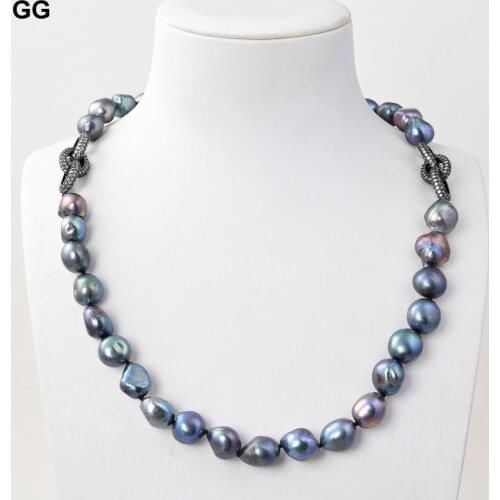 GuaiGuai Jewelry Natural Pearl 21" 13mm Black Baroque Keshi Pearl Necklace CZ Connector