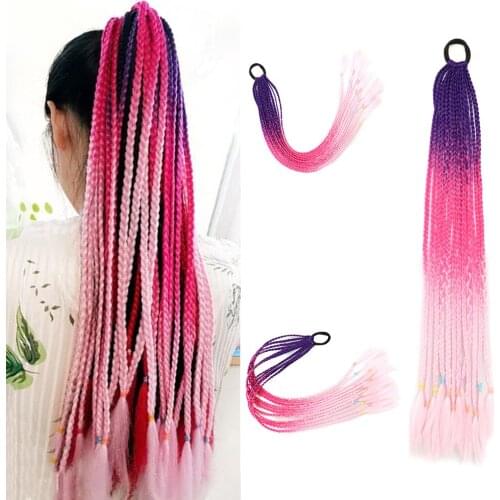 Ponytail Braids Hair Fake Overhead Tail Ornaments With Elastic Rubber Band Rainbow Headwear Kids Twist Braid Synthetic Hair