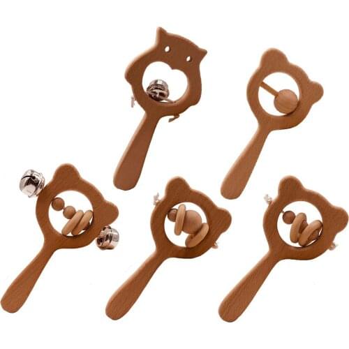 Montessori Baby Play Gym Toys Beech Wood Bear Hand Teething Wooden Ring Baby Rattles Stroller Toys Educational Teething Toys