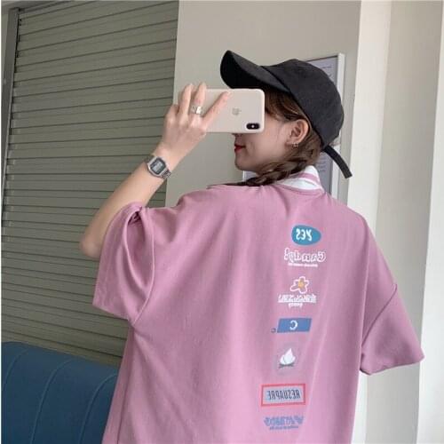 Korea Harajuku Cartoon Polo T-Shirt With Womens Short-Sleeved Kawaii lgbt Gothic Tops Oversized Ulzzang All-Match Top For Girls