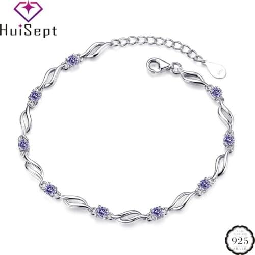 HuiSept Trendy 925 Silver Bracelet Jewelry Round Amethyst Gemstone Ornaments Bracelets for Women Wedding Promise Party Wholesale