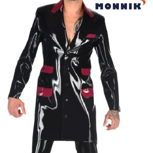 MONNIK latex Latex Fashion Men Long Slevees Windbreaker With Button 0.4mm