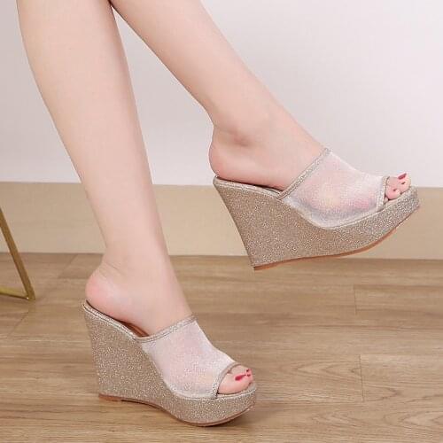 2021 New Wedges Heel High Heel Shoes Platform Lace Mesh Open Toe Cool Slipper Female Summer Sandals