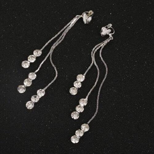 2017 New Arrival Rhinestone Tassel Clip on Earrings Without Piercing for Women Party Wedding Statement Earrings High Quality