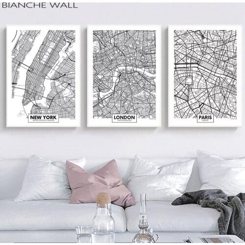 New York London Paris Berlin City Black White Map Abstract Canvas Poster Wall Art Painting Print Nordic Picture Home Deocration