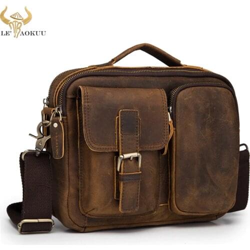 Original Leather Male Fashion Casual Design Satchel Crossbody Shoulder Messenger bag Tote 9" Tablet Mochila Pouch For Men 036-d