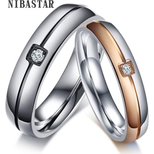 NIBASTAR Crystal Couple Ring For Women Man Stainless Steel Commitment Wedding Engagement Lover ring Jewelry