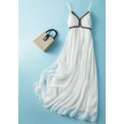 100% Silk White Dress 2021 Sexy Beach Dress Female Long Sundresses for Women Summer Sleeveless Vestido De Mujer Pph4370