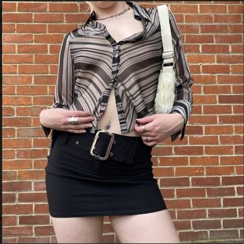 Sexy Y2K Vintag Top Striped Print Fairycore Grunge Long Sleeve Shirts 90s Button up Transparent Mesh Crop Top Turn-Down Collar