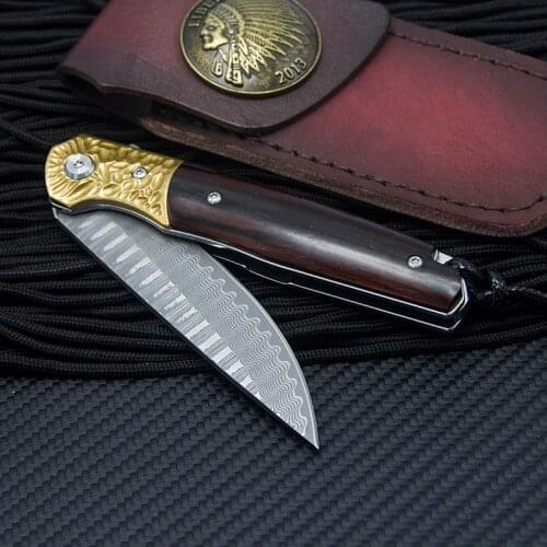 High hardness folding knife Damascus blade particle Dalbergia handle outdoor self-defense tool to send high-end leather case