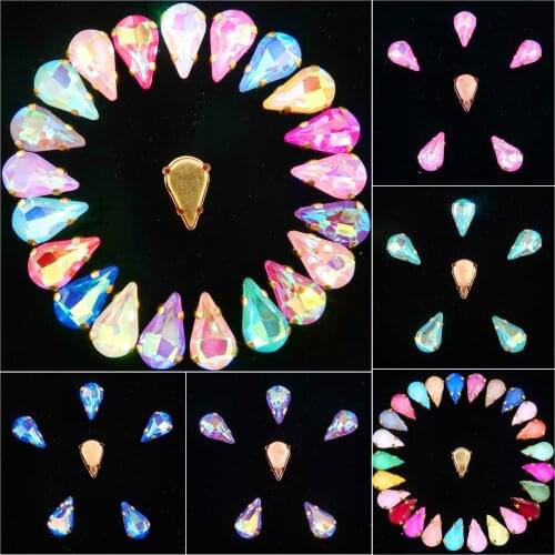 Slim waterdrop shape Gold claw settings 50pcs/pack jelly candy & AB glass Crystal in 8*13mm Sew on rhinestone garments diy trim