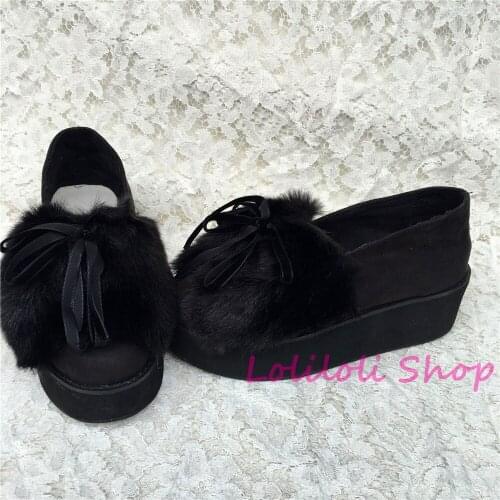 Princess sweet gothic lolita shoes Lolilloliyoyo antaina shoes custom thick bottom black flock skin skip-on flat shoes 5225n